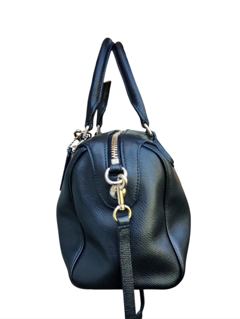 Coach Black Pebbled Leather Satchel with Cherry Charm